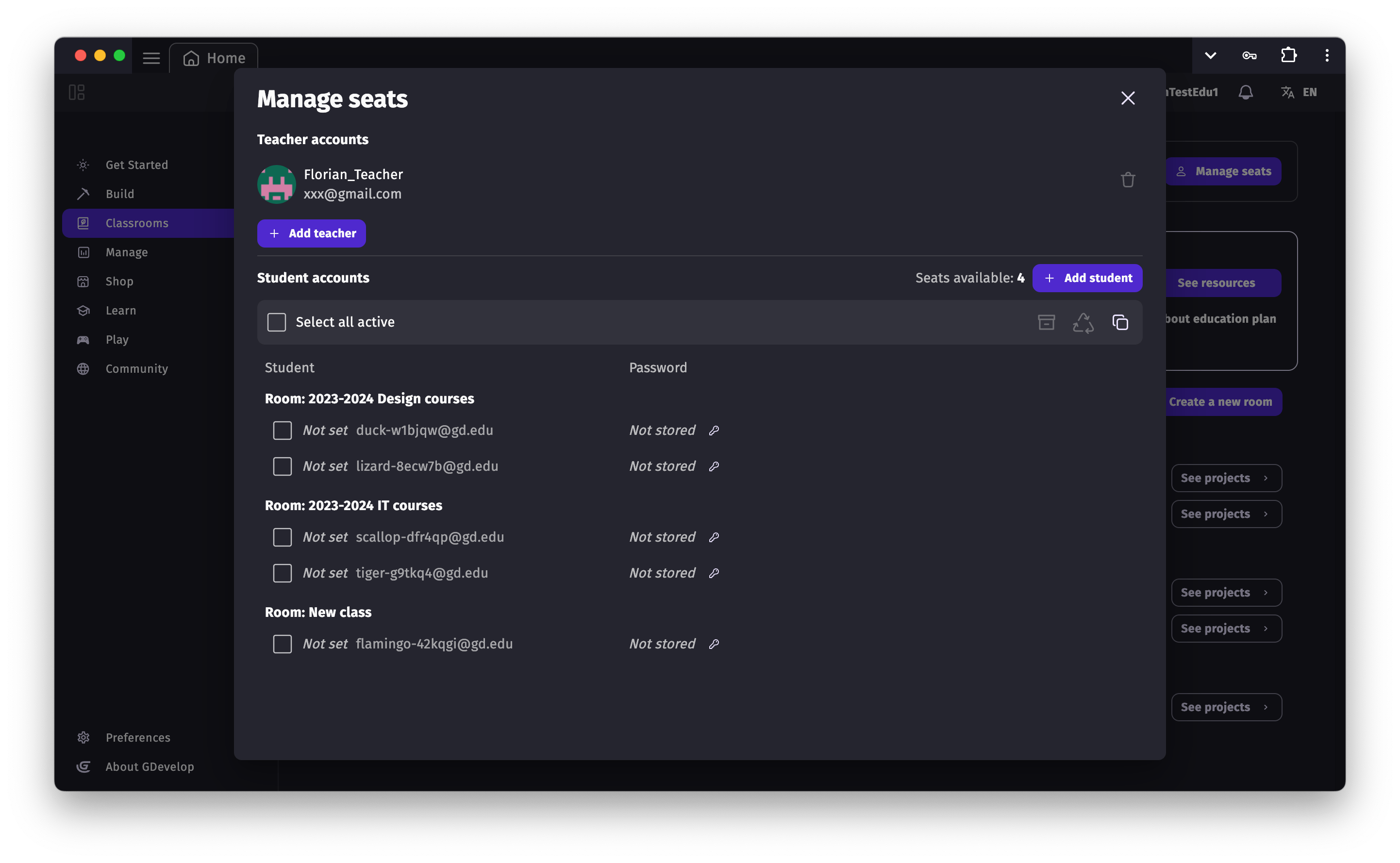 The "Manage Seats" page for education